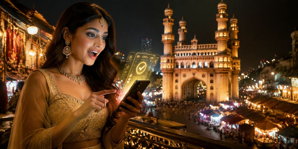 Hyderabad Charminar at night with mobile payment concept